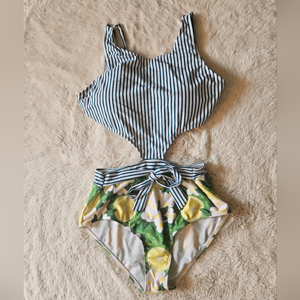 Cutout Monokini Swimsuit Stripe Lemon One-piece Floral Swimwear